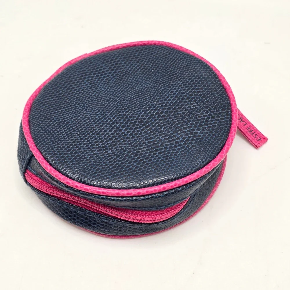 Estee Lauder Cosmetic Pouch Womens Navy Pink Faux Leather Round Travel Makeup‎